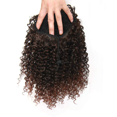 Short Afro Kinky Curly Ponytail Hair Piece for Women, Synthetic Extension in Mix Dark Brown (1B/33#)