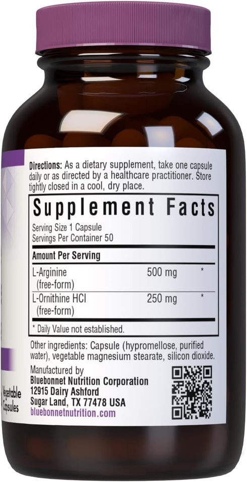 Bluebonnet Nutrition L-Arginine 500mg/L-Orinithine 250mg, Supports Protein Metabolism*, Vegan, Non-GMO, Gluten-Free,