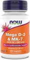 NOW Supplements Mega D-3 & MK-7 5000 IU / 180 mcg, Vitamins K-3 & K-2, Bone & Cardiovascular Support*, 180 Capsules