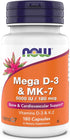 NOW Supplements Mega D-3 & MK-7 5000 IU / 180 mcg, Vitamins K-3 & K-2, Bone & Cardiovascular Support*, 180 Capsules
