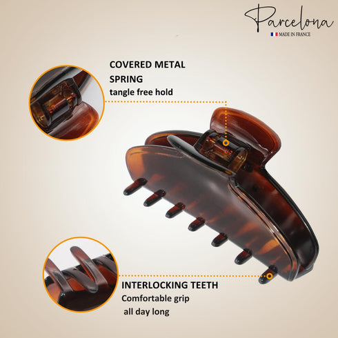 Parcelona French Basic Medium 3 1/2" Celluloid Claw Clips, Durable Styling Hair Accessories (Shell and Clear)