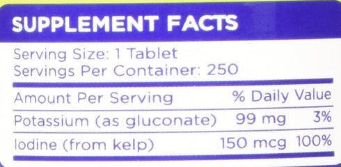 Potassium Gluconate 99mg + 150mcg Iodine from Kelp, Bulk (250 Tablets/Bottle)