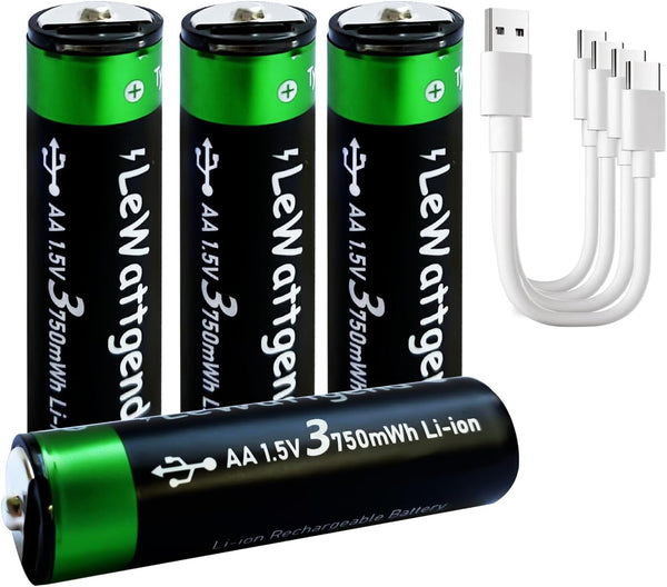 1.5V Rechargeable AA Lithium Batteries, 3750mWh Long Lasting with 4-in-1 USB-C Cable Output, 4 Pack