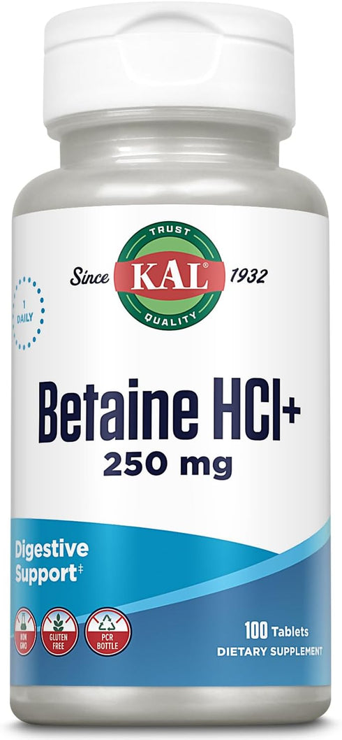 KAL Betaine HCL with Pepsin, 250mg Digestive Health Supplement, Gluten Free, Non-GMO, 100 Servings, 100ct
