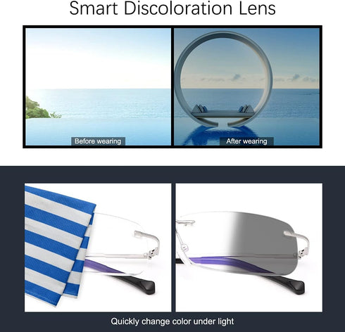 K.LAVER Rimless Bifocal Reading Glasses, Transition Photochromic UV400 Protection Sun Readers, Titanium Eyewear for Men