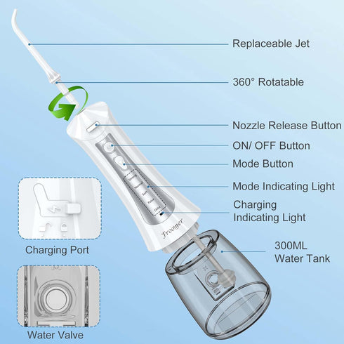 Cordless Water Flosser for Teeth - 300ML Rechargeable Oral Irrigator with 5 Modes for Home Use, Travel Friendly (White)