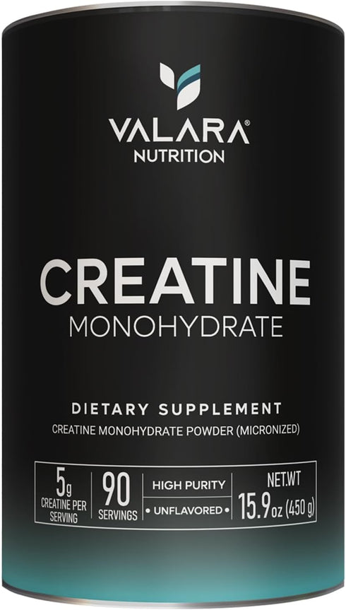 Valara Creatine Monohydrate Micronized Powder 450g, 90 Servings, 5000mg Per Serv, Unflavored, Vegan