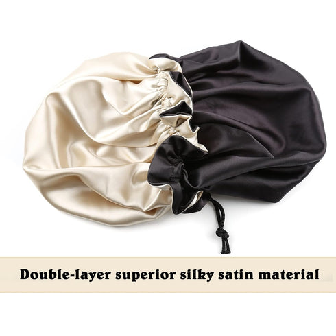 Satin Bonnet for Women | Large Sleeping Cap for Long Curly Hair | Adjustable Night Cap (Double Layer Black/Champagne)