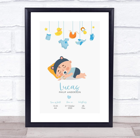The Card Zoo New Baby Birth Details Christening Nursery Sleeping Boy Keepsake Gift Print