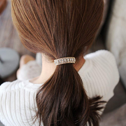 Ruihfas Stretchy Elastic Ponytail Holder, 1Pcs Sparkling Crystal Rhinestone Hair Band for Women (Gold Tone White)