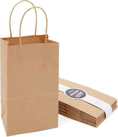 Juvale Paper Gift Bags with Handles, 12 Pack, 3x5.25x8.5 in Brown, Party Favor Bags