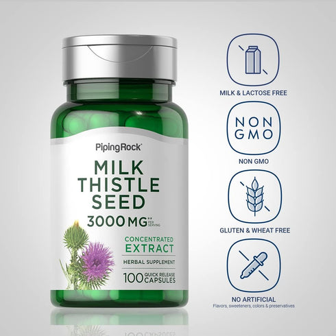 Piping Rock Milk Thistle Supplement 3000mg | 100 Capsules | Non-GMO, Gluten Free, Concentrated Herbal Extract