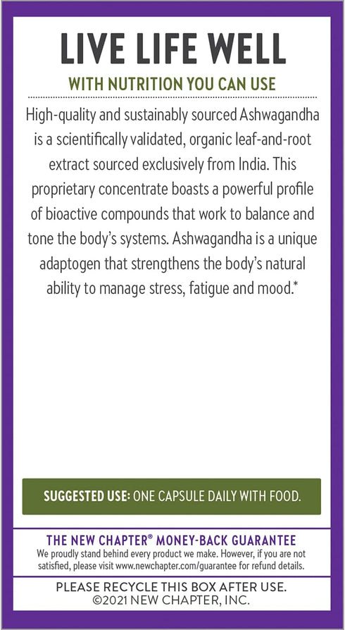 New Chapter Organic Ashwagandha Supplement - 60 Count Vegan Capsules for Stress Relief, Mood Support & Energy - One