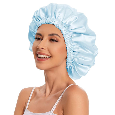Satin Bonnet Silk Hair Bonnet for Sleeping, Slouchy Beanie Hat for Women's Natural & Curly Hair (Blue)