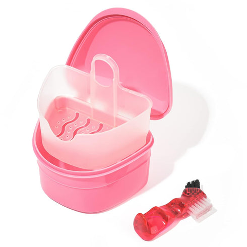 Y-Kelin Denture Bath Box and Brush Cleaner Set for Dentures & Retainers (Pink)