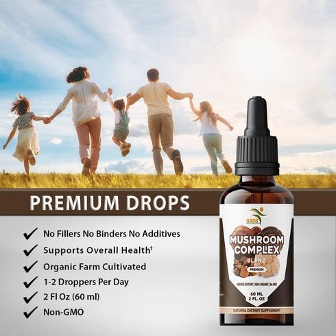 Immune 2 oz Mushroom Complex Supplement Drops Tincture, Lion's Mane, Reishi, Turkey Tail, Chaga, for System Support