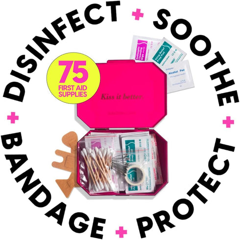 BLINGSTING First Aid Kit - 75 Essential Supplies, Gold Travel Case - Mini Emergency Kit for Women - Pink Interior (1