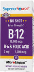 Superior Source No Shot Vitamin B12 Cyanocobalamin (10000 mcg), B6, Folic Acid, Quick Dissolve Tablets, 60 Count