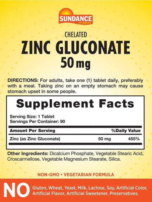 Zinc Gluconate 50mg | 90 Tablets | Chelated Essential Mineral | Vegetarian, Non-GMO, and Gluten Free Supplement | by Sundance
