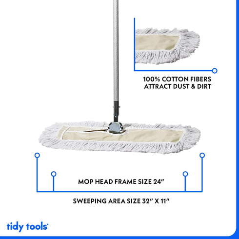Commercial Dust Mop & Floor Sweeper, 24 in. Dust Mop for Hardwood Floors, Extendable Mop Handle, Cotton Reusable Dust