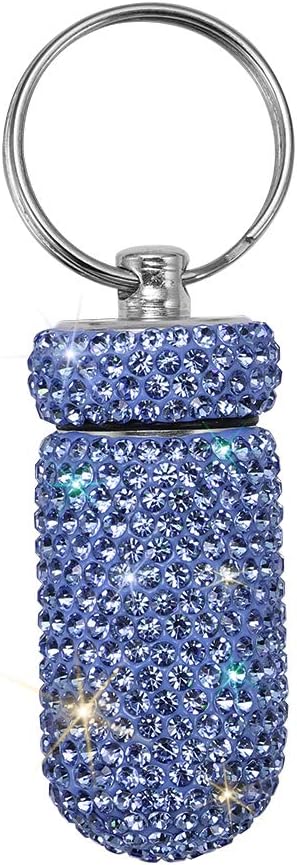Portable Pill Case, Waterproof Pill Holder with Keychain, Bling Pill Box for Travel, Sky Blue