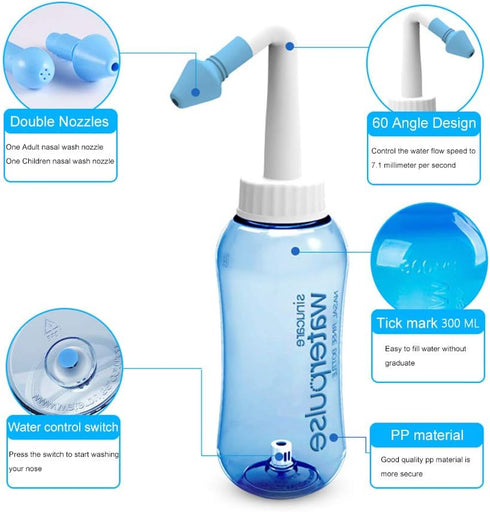 Carllg Neti Pot - Nasal Irrigation Wash Bottle with Sinus Rinse Salt for Adult & Kid (300ml with 30 Salt Packets)