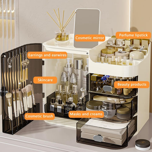Transparently Black Cosmetics Display Case with Mirror, Large Capacity Makeup Storage Box with Drawers