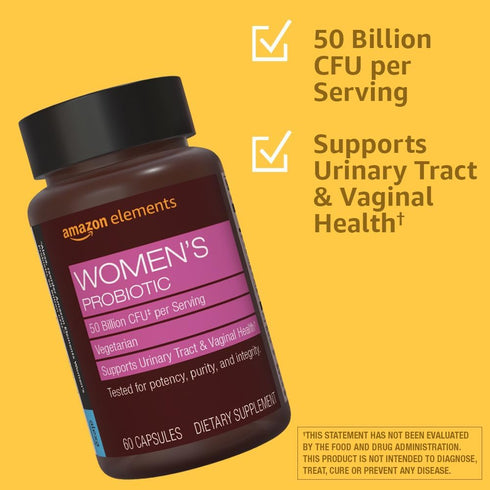 Amazon Elements Women's Probiotic 50 billion CFU per serving, vegetarian, Supports Urinary Track and Vaginal Health
