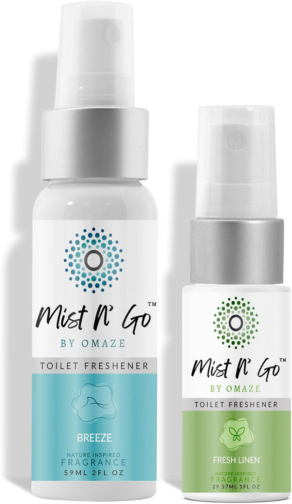 Mist N’ Go by Omaze Travel Bathroom Spray, Odor Eliminator, Clean Mix, Daily Pack (2oz x1 + 1oz x1)