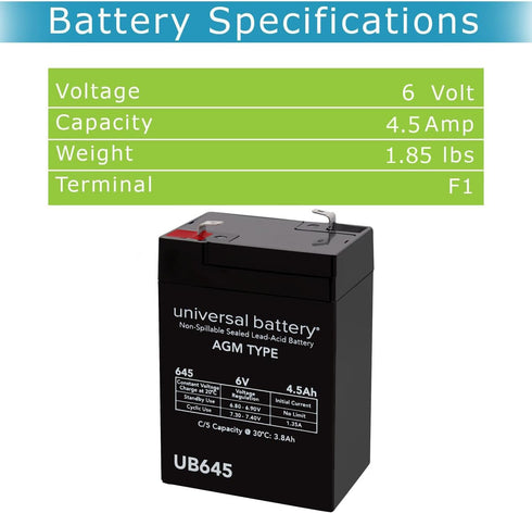 UPG UB645 6V 4.5AH .187 (D5733) Sealed Lead Acid (SLA) Battery TT