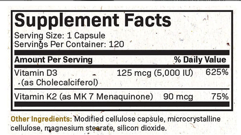 Futurebiotics Vitamin K2 (MK7) with D3 Supplement - Non-GMO Formula - 5000 IU Vitamin D3 & 90 mcg Vitamin K2 MK-7, 250 Vegetarian Capsules