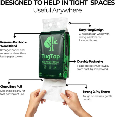 TugTop (3 Pack, 900 3 Eco Paper Towels Sheets + Hooks) | Portable Hanging Bag Dispenser, Bamboo & Wood Blend for Car