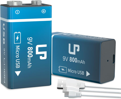 LP 9V Rechargeable Battery Pack, 2-Pack 800mAh Li-ion USB Battery with Micro USB Charging Port for Alarms, Toys,