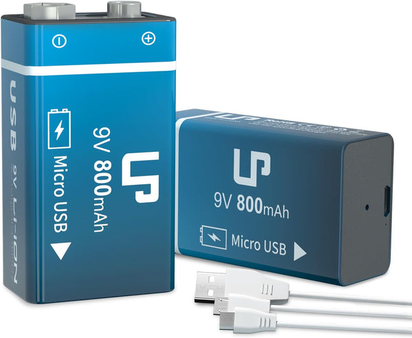 LP 9V Rechargeable Battery Pack, 2-Pack 800mAh Li-ion USB Battery with Micro USB Charging Port for Alarms, Toys,