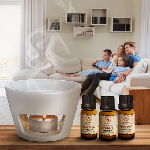 Set Set 3*10ml 3 Aromatherapy - Oil Burner White & Essential Oils - Peppermint Essential Oil - Lavender Essential Oil