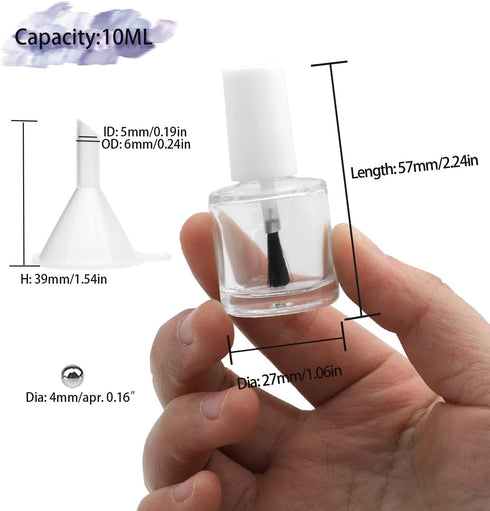6PCS Empty Nail Polish Bottles with Brush White Cap, 10ML Empty Clear Glass Refillable Nail Fingernail Polish Bottles Circle with mixing beads & Funnels, 0.35 OZ by Agidea