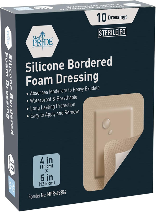 MED PRIDE Silicone Bordered Foam Dressings for Wound Care, Adhesive, Sterile, Pain-Removal, 4x5 Inch (Pack of 10)