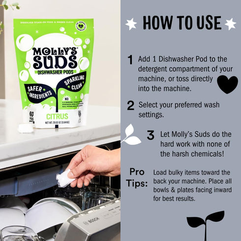 Molly's Suds Dishwasher Pods, Natural Detergent for Sparkling Dishes, 120 Auto-Release Tabs (Unscented)