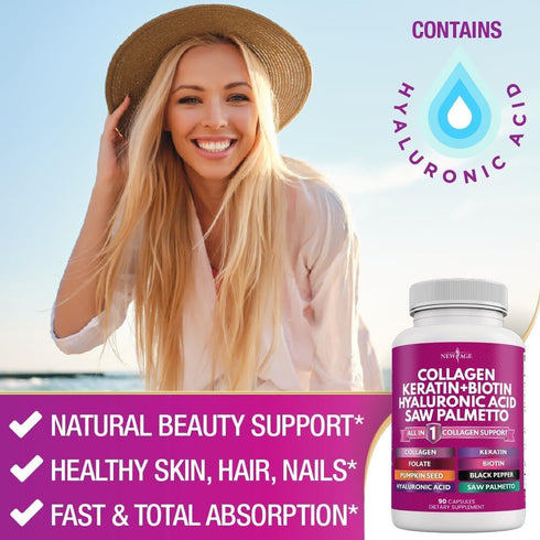 Collagen Pills 1000mg, Biotin 10000mcg, Keratin, Saw Palmetto, Hyaluronic Acid - Hair, Skin, Nails Vitamins, 270 Count