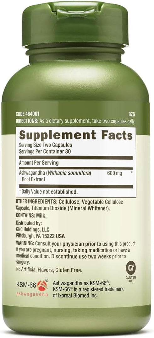 GNC Herbal Plus Ashwagandha 600mg, Stress Relief Support, 60 Capsules