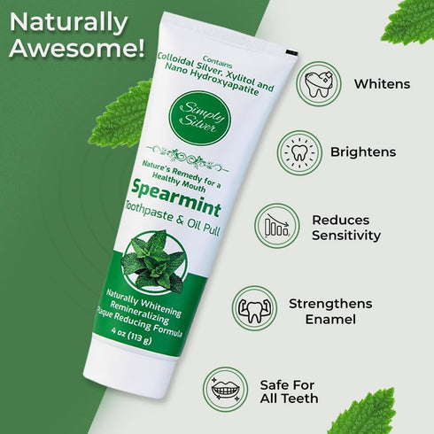 Simply Silver Toothpaste Spearmint - Nano Hydroxyapatite & Colloidal Silver Natural Toothpaste & Oil Pull, Fluoride Free, Remineralizing & Plaque Reducing New Formula, 4 oz