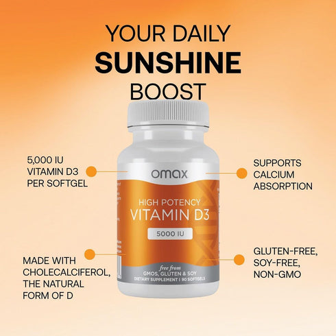 Omax3 D3 5,000 (125 Immunity, 90 90-Day High-Potency Vitamin IU mcg) Strong Bones, Muscles & Joints, Heart Health, Non