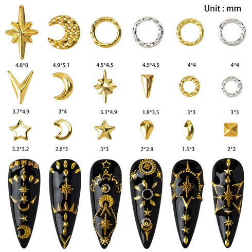 HNUIX Gold Nail Charms, 3D Star, Moon, Ring, Metal Small Shape Studs Gem, 3 Boxes for Manicure Decor