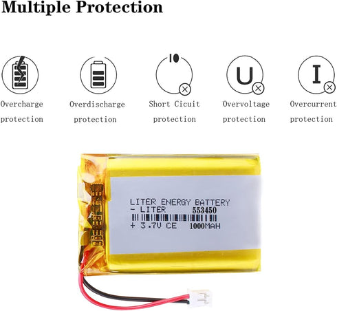Liter Energy 3.7V Lipo Battery 1000mAh, Rechargeable Lithium Polymer 553450 with JST Connector