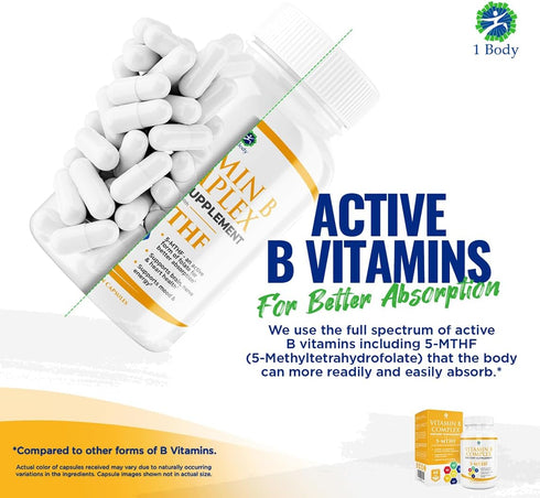 1 Body Vitamin B Complex Twin Pack – 5-MTHF Folate with B1, B2, B5, B6, Methyl B12, Niacin, Biotin – 60 Capsules Each.
