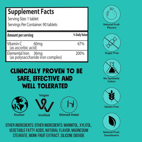 NovaFerrum Pow - Chewable Iron Supplement for Adults, 36mg of Iron, 90 Servings, Sugar Free, Vegan