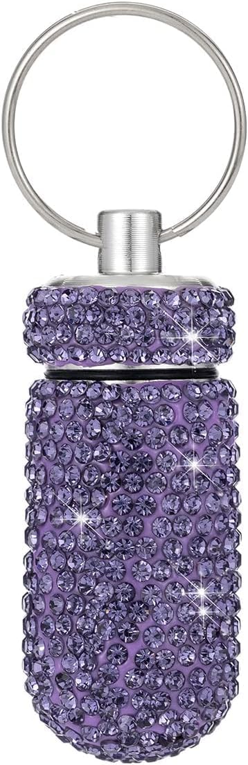 Purple Pill Holder Keychain, Mini Waterproof Container for Pills, Lightweight Portable Bling Aluminum Key Chain