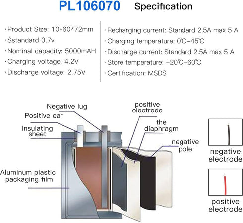 3.7V 5000mAh 106070 Lithium Polymer Ion Rechargeable Battery with 2P PH 2.0mm Pitch Connector