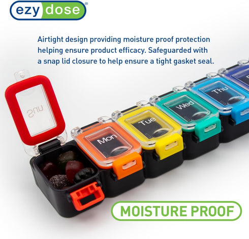EZY DOSE Weekly Pill Planner - 7-Day Medicine Case, Waterproof Organizer Box with Locking Compartments, Rainbow