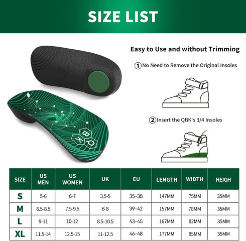 Plantar Fasciitis Orthotic Shoe Insoles, QBK High Arch Support Inserts for Heel Pressure Dispersal and Pain Relief, L